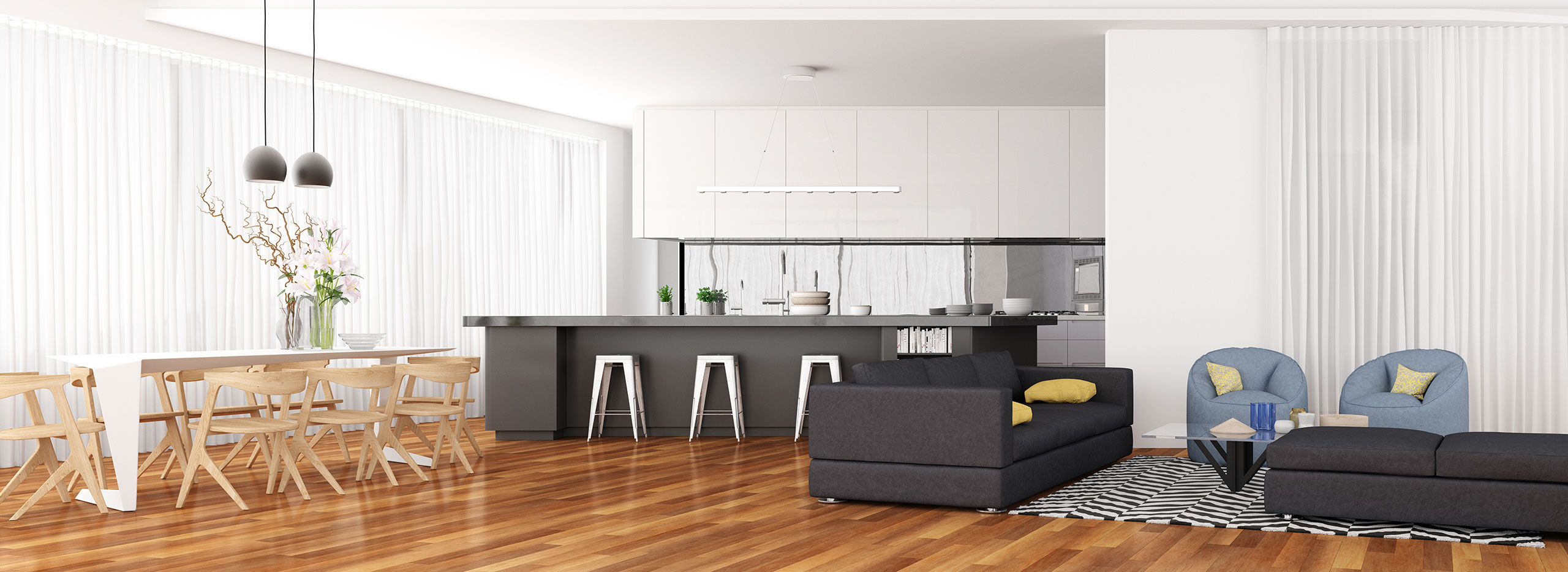 Moderner, offener Wohn- und Essbereich mit heller Küche, großem Esstisch aus Holz, gemütlichen Sofas und Sesseln auf Parkettboden. Symbolbild für das Thema moderne Küchentrends.