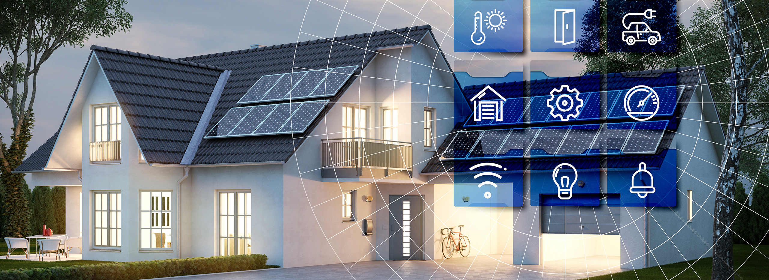 Smarthome – Modernes Einfamilienhaus in der Dämmerung mit leuchtenden Fenstern und Solarpanels auf dem Dach, kombiniert mit eingeblendeten Symbolen für vernetzte Hausfunktionen wie Licht, Heizung, Sicherheit, Energie und Steuerung. Symbolbild für das Thema Smarthome.