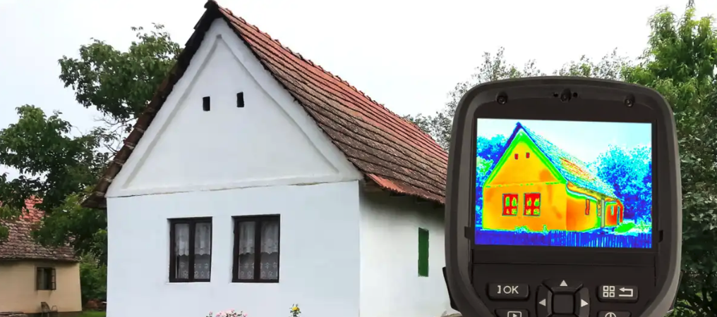 Das Bild zeigt ein einfaches Wohnhaus mit weißer Fassade und rotem Ziegeldach. Im Vordergrund ist eine Wärmebildkamera zu sehen, die auf das Haus gerichtet ist. Symbolbild für Energieberatung.