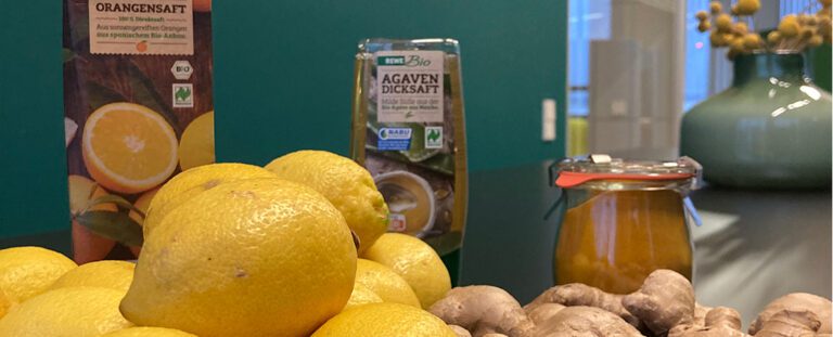 Zutaten zur Herstellung eines selbstgemachten Ingwer-Shots: frische Zitronen, Ingwerknollen, Agavendicksaft, Organgensaft und ein Glas